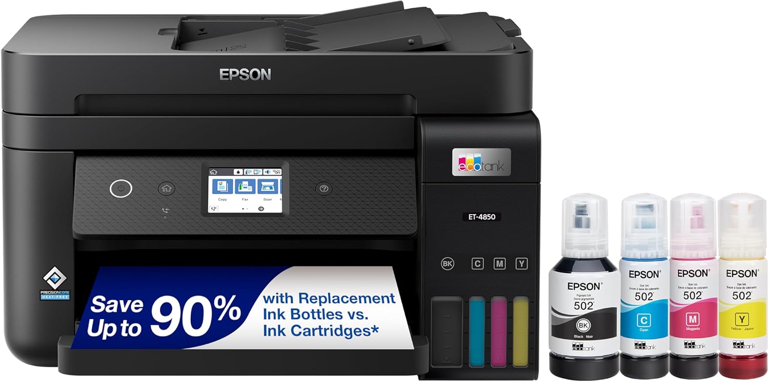 Epson EcoTank ET-4850 Wireless All-in-One Cartridge-Free Supertank Printer with Scanner, Copier, Fax, ADF and Ethernet - The Perfect Printer for Your Office - Black