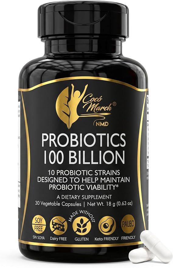 Coco March N.M.D Probiotics 100 Billion Probiotics for Women & Men, Digestive & Gut Health, Immune Support Gluten Free, Dairy Free, Soy Free, Keto & Paleo Friendly 30 Capsules