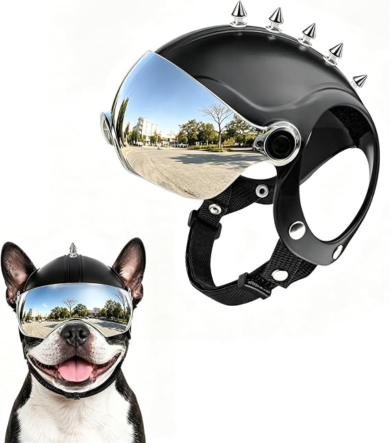 Dog Helmet Small Breed, Dog Motorcycle Helmet with Flip-Up UV Goggles, Adjustable Straps Pet Safety Hat with Ear Holes, Small-Medium Breeds Outdoor Riding Head Protection, Blunt Spiked Silver