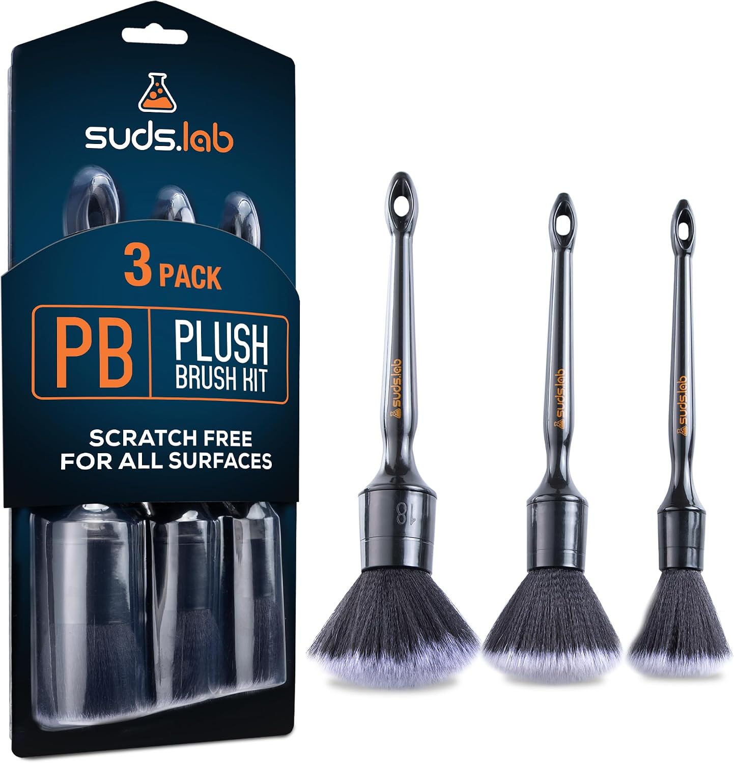 Suds Lab PB Plush Brush Kit 3 Pack- Ultra-Soft Synthetic Bristle Brushes - Scratch Free Design - Fine Detailing Brushes for Personal and Professional Use