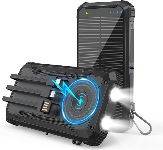 Solar Power Bank 20000mAh, Portable Charger with Built-in 3 Cables (USB-C/Lightning/Micro-USB), 15W Fast Charge, Battery Pack for iPhone Samsung Android, Solar for Emergency Only, Perfect for Camping