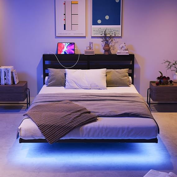 King Floating Metal Bed Frame with LED Lights & Charging Station