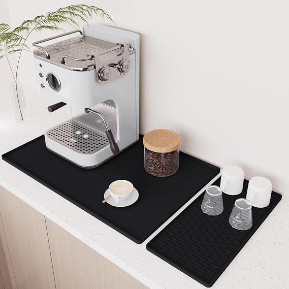 Silicone Coffee Mat Set - 24" X 16" Bar Mats for Countertop, Heat Resistant Kitchen Station Accessories Dish Drying Pad for Under Coffee Makers and Espresso Machines, Black