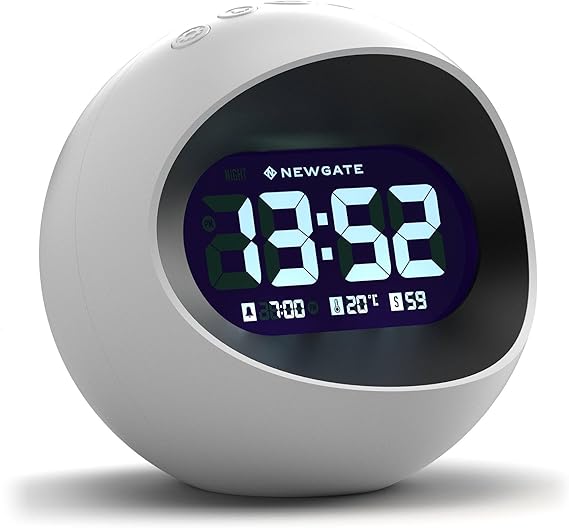 NEWGATE Centre of the Earth Alarm Clock | Round Retro Digital LCD Clock | White | Ideal for Bedside, Desk or Shelf | Retro Bedroom & Office Accessory