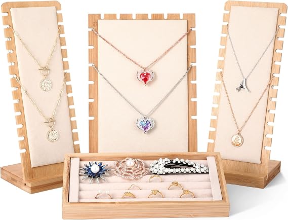 Henoyso 4 Pcs Necklace Display Stand Bamboo Jewelry Display Board Ring Organizer Holder Jewelry Storage Tray for Home Vendors