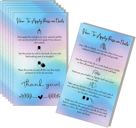Press-On Nail Application Instructions Cards, Aftercare Instructions Cards, 50 Pack 2 x 3.5'' inch Business Card Size, DIY Press-On Nail Kit, White (0406038)