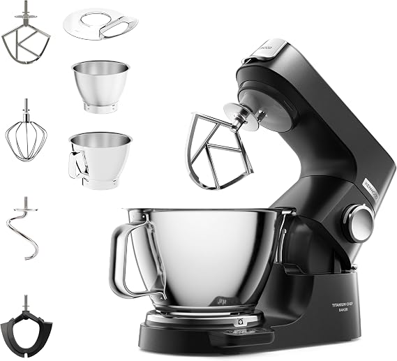 Kenwood Titanium Chef Baker Silver KVC85.004BK, Stand Mixer with Integrated Scale, 3 Stainless Steel Mixing Hooks and Rubber Whisk, 5L and 3.5L Bowls, 1200W, Black