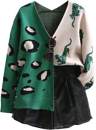 WDIRARA Women's Leopard Tiger Print Cardigan V Neck Long Sleeve Color Block Button Down Sweater Outwear