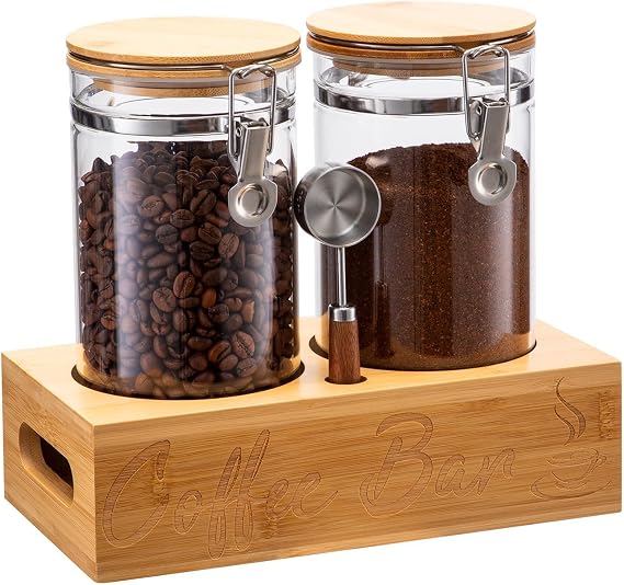 50oz Canister Set with Shelf 2pcs Coffee Bean Canister Storage | Airtight Lid for Kitchen, Food Storage with Scoop for Ground, Sugar, Cereal and Tea