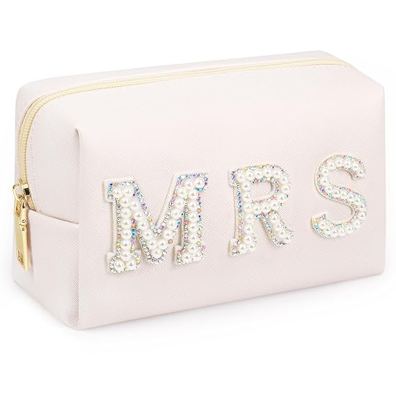 MRS Preppy Makeup Bag with Gift Box, Bride Cosmetic Bag for Bridesmaid Engagement, Purse Bridal Shower, Bridal Beauty Prep, Wedding Day