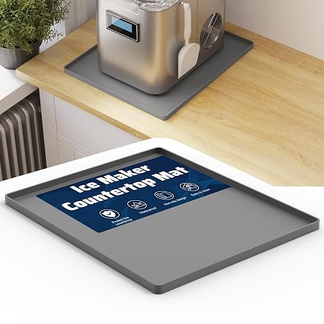 Ice Maker Countertop Mat, 16 x 12 Inch Silicone Protective Mat for Portable Mini Counter Top Nugget Ice Maker, Drain Tray for Ice Machine, Waterproof with Raised Edge Prevent Water Leakage