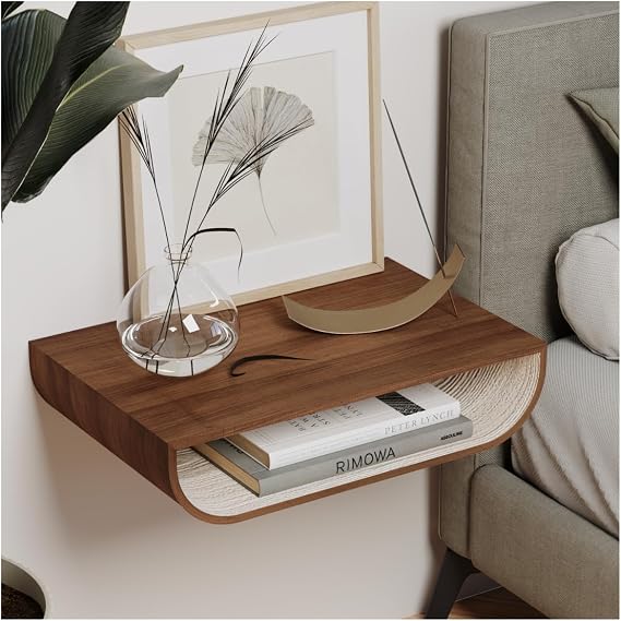 EWART WOODS Floating Walnut Bedside Table, Wall Mount, Wooden Side Table, Entrance Furniture, 52.6 X 34 X 11.9 Cm