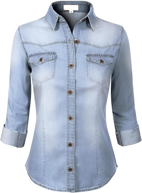 Design by Olivia Women's Roll up Sleeve Button Down Chambray Denim Shirt