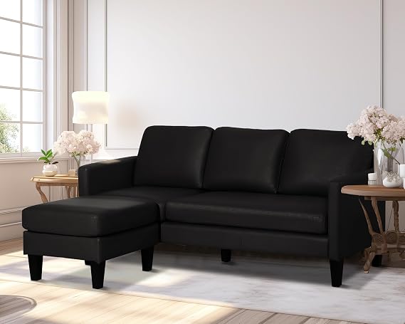 TITIMO Faux Leather Sectional Sofa Couch, 3 Seat L Shaped Black Couch Sofa | Convertible Sectional Couch with Reversible Chaise Modern Small Couches for Small Space, Living Room, Apartment and Office