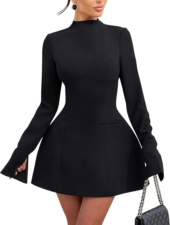 YMDUCH Women's Elegant Long Sleeve Mock Neck Party Mini Dress