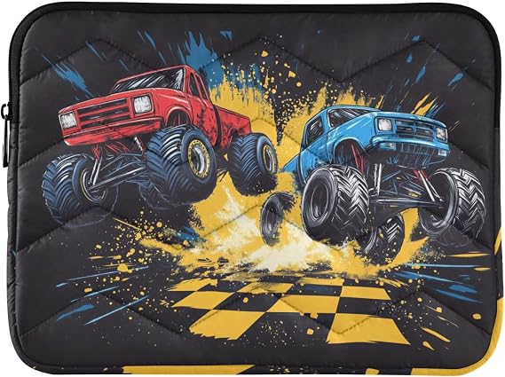 Quilted Laptop Sleeve Case Bag Red Blue Monster Truck 13-14 Inch