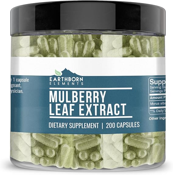 Earthborn Elements White Mulberry Leaf Extract 200 Capsules, Pure & Undiluted, No Additives