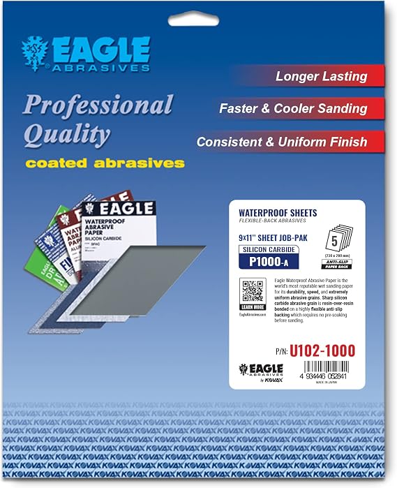 Eagle 9x11 Silicon Carbide Waterproof Sanding Sheets JOB-PAK, Flexible Back, Grit P1000, U102-1000, 5 sheets