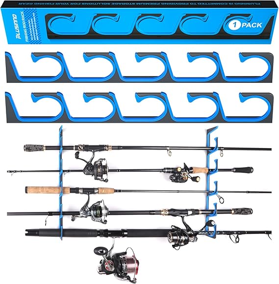 PLUSINNO H5 Horizontal Fishing Rod/Pole Holders for Garage, Wall Ceiling Mounted Fishing Rod Holder, Aviation Aluminum Fishing rod rack Holds up to 5/10/20 Rod or Combos Fishing Gear and Gifts for Men