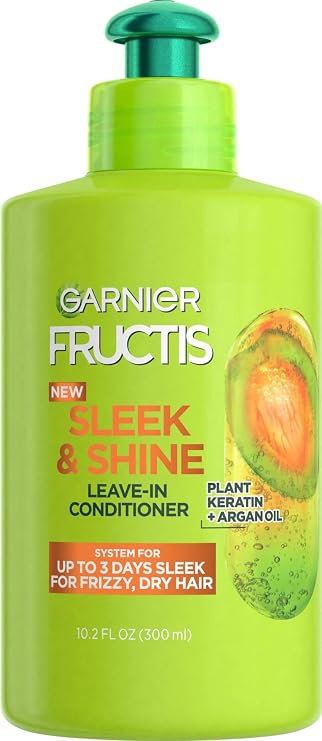 Garnier Fructis Sleek & Shine Leave-In Conditioner Cream, Anti-Frizz Hair Treatment with Plant Keratin + Argan Oil, Controls Frizz and Provides Smoothness For Frizzy, Dry Hair, 10.2 Fl Oz
