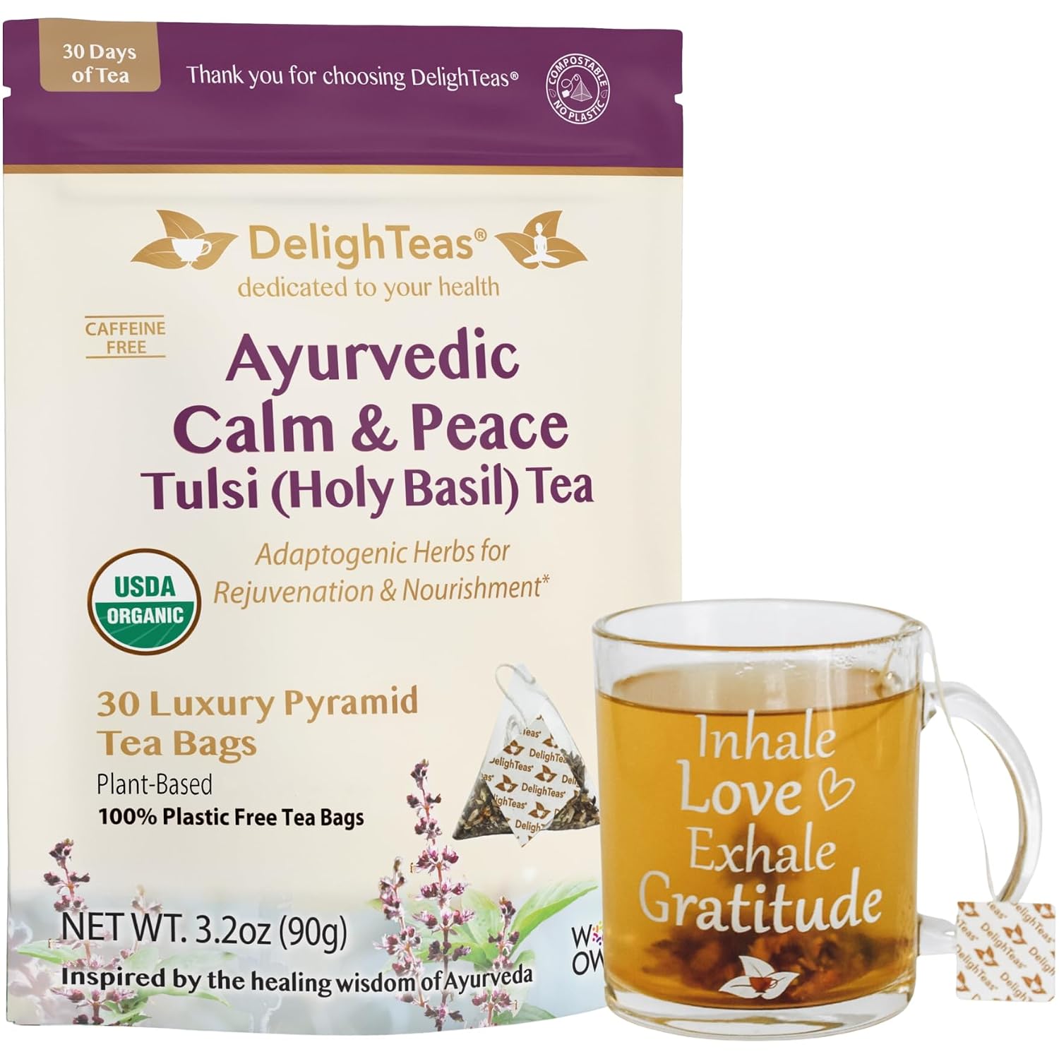 DelighTeas Organic Tulsi Holy Basil with Inspirational Tea Mug | 30 Eco-Conscious Pyramid Tea Bags