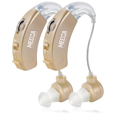 Behind-the-Ear Digital Sound Amp (Pair) - Lightweight BTE Personal Audio with Volume Control, Noise Reduction & Power-Friendly Batteries - Gold Finish