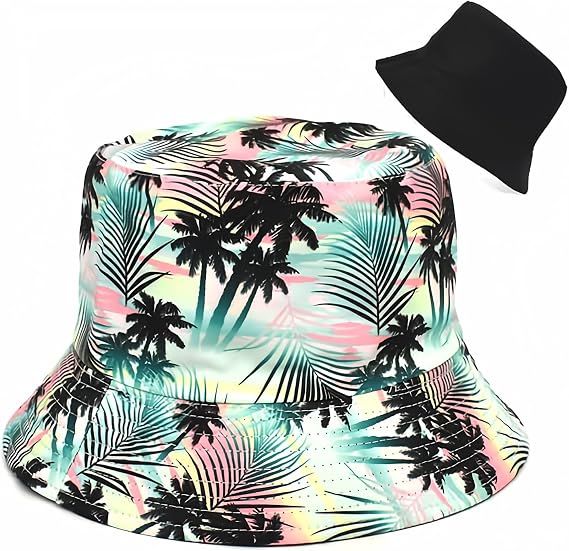 Bucket Hat,Palm Tree Cotton Double-Side-Wear Reversible Sun Hat for Women Men, Summer Vacation Travel Beach Packable Fisherman Hat