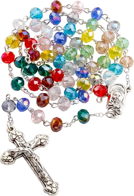 Multicolor Crystal Bead Catholic Madonna and Child Rosary Necklace | Virgin Mary and Baby Jesus, for Women, with Black Velvet Bag, 8mm Colorful Beads