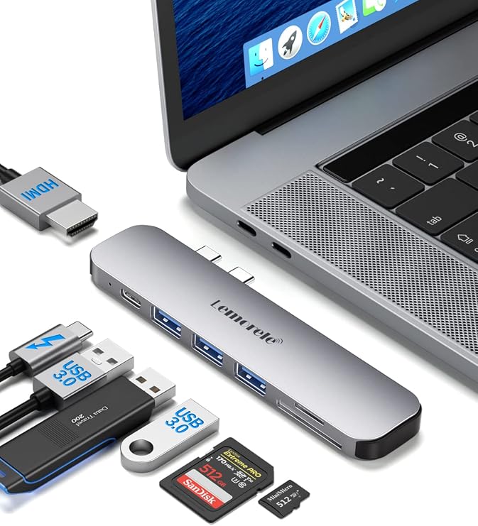 Lemorele Macbook Pro/Air USB C Hub w/M1 M2, for 2022 2021 2020 2019 2018 13" 15" 16" Version, 7 in 2 Mac Dongle With 4K Hdmi, 3 U SB 3.0, Sd/Tf 3.0, 100W PD 40Gbps Thunderbolt 3