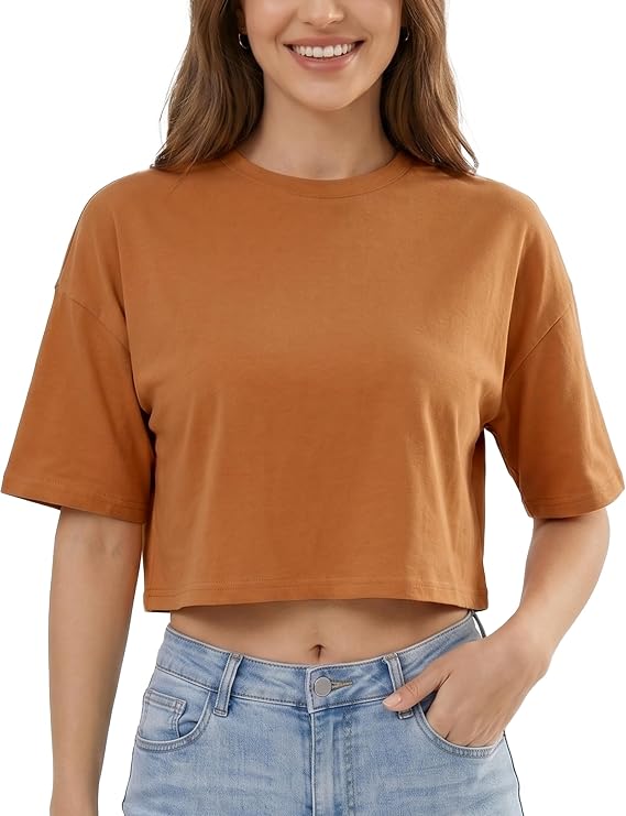 Women's Basic Crop Top Drop Shoulder T Shirt Half Sleeve Cropped Tee Crewneck Short Sleeve Casual Summer Solid Crop Tops