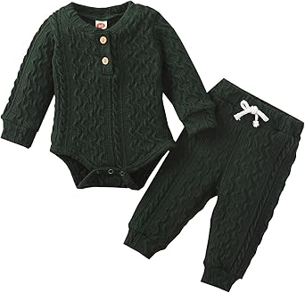 Newborn Baby Boy Girl Clothes Ribbed Knitted Cotton Long Sleeve Romper Long Pants Solid Color Fall Winter Outfits
