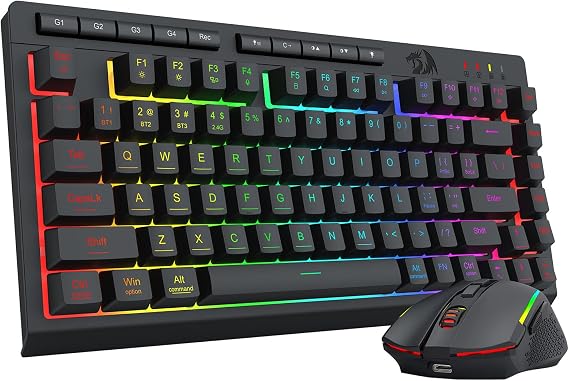 Redragon Wireless Gaming Keyboard and Mouse Combo, 75% Portable, Black | Bluetooth/2.4G/USB-C Wired, RGB Backlit, Quiet Rechargeable Macro Membrane Keyboard & 12800 DPI Mouse for Win/MAC