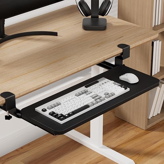 Keyboard Tray Under Desk, Adjustable C Clamp Under Desk Keyboard Tray Slide Out, Ergonomic Desks Extender, Desks Drawer Keyboards Extender, Pull-Out Keyboards Shelf for Space Saver Black