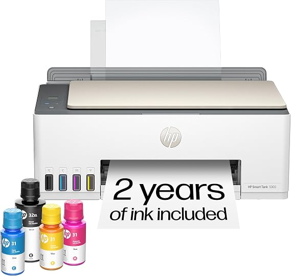 HP Smart-Tank 5000 Wireless All-in-One Ink Tank Printer with Up to 2 Years of Ink Mobile Print, Scan, Copy, White, 17.11 x 14.23 x 6.19