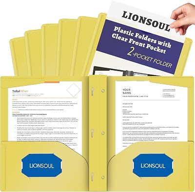 Pastel Plastic File Folders with Pockets and Prongs, 7 Pack, A4 Letter Size, Heavy Duty Waterproof Office Folders with Clear Front Cover for School, Home, and Office Yellow