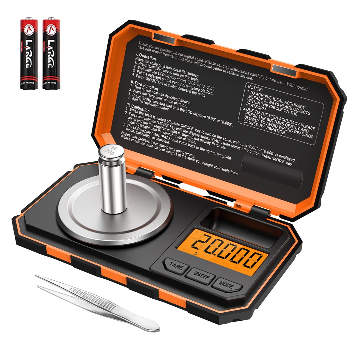 KeeKit Digital Pocket Scale, 20g 0.001g Professional Milligram Scale, Portable Jewelry Scale with 20g Calibration Weight, Tare, LCD Backlit Display - Orange