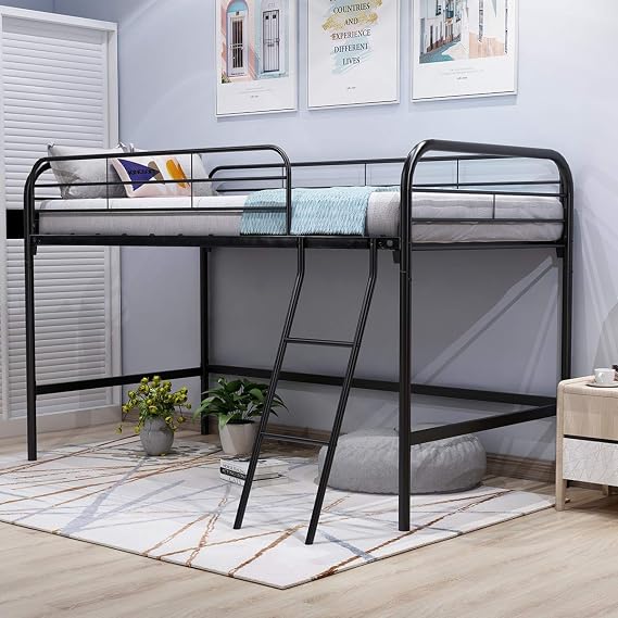 Metal Loft Twin Bed, Black | Sturdy Steel Frame, High Sleeper Multipurpose Use, Full-Length Guardrails & One Integrated Ladders, Strong Board Slats