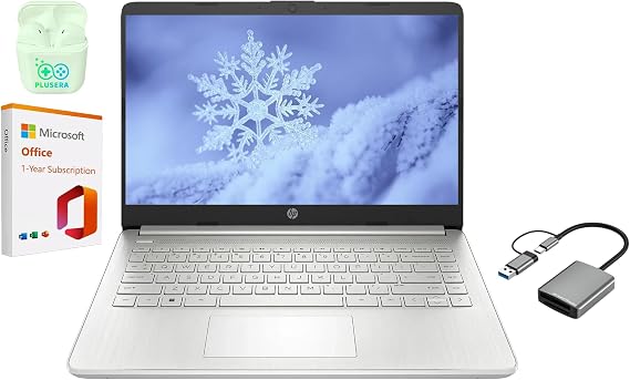 HP 14" LED Business Laptop Computer 16GB RAM 320GB Storage 64GB eMMC+256GB SD Card, Intel Quad-Core N4120, Windows 11 S Laptop 1 Year Microsoft Office 365 PLUSERA Earphones Silver
