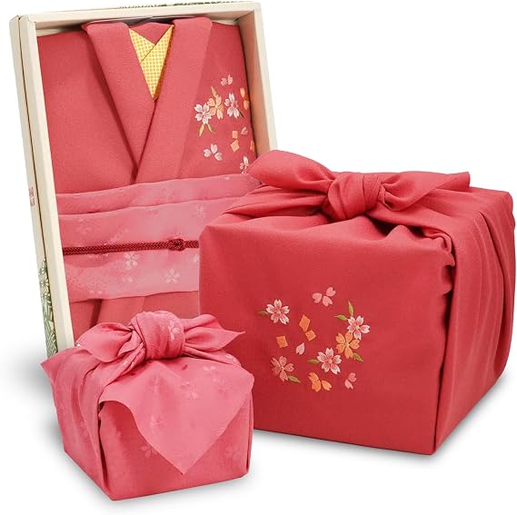 COTONOHA Kyoto Saibi Kimono Style Furoshiki & Small Furoshiki Set -Japanese wrapping cloth- For Gift Bag (Embroidered Rose)
