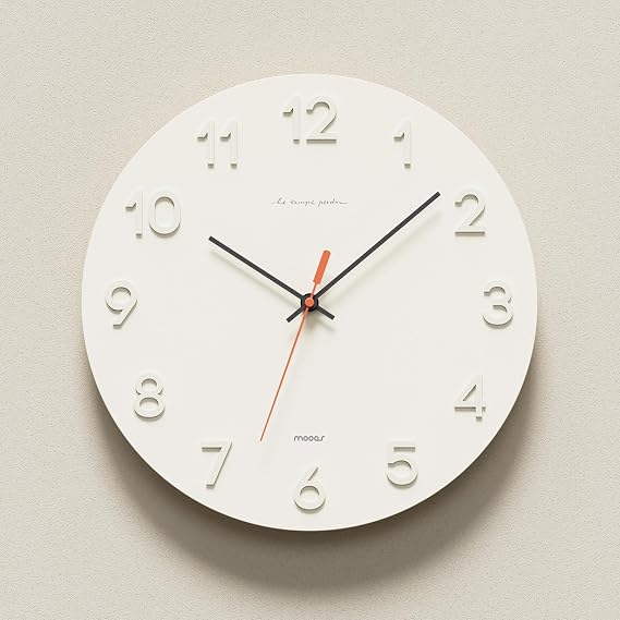 mooas 3D Numbers Modern Wall Clock, 12" Battery Operated, Analog (Cream)