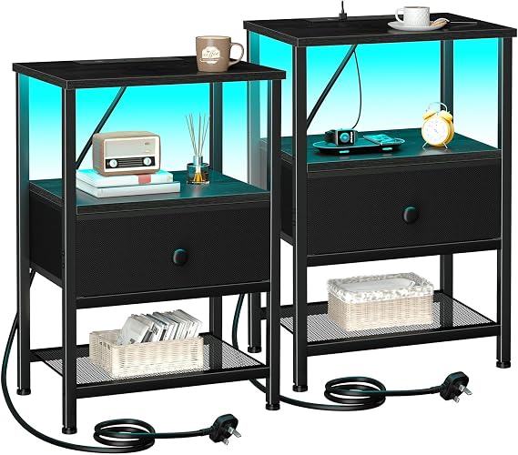AMHANCIBLE Bedside Tables Set of 2, Side Table with Charging Station | Bed Side Tables with LED Light, Nightstand with Fabric Drawer and Open Storage Shelf, Bedside Cabinets for Living Room,Black