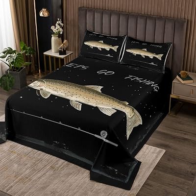 Fishing Bedspread King Size,Bass Fish Printed Bedding Set 3Pcs,Fishing Lover Hunting Fish Comforter Set for Teens Men Adult Kids Room Decor,Black Lake House Life Quilt Coverlet,2 Pillowcases