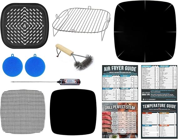 Air Fryer Accessories with Rack, Grilling Pan, Air Frying Cheat Sheets Guides and Reusable Liners for Ninja, GoWise, Cosori, Chefman, PowerXL Grill and More