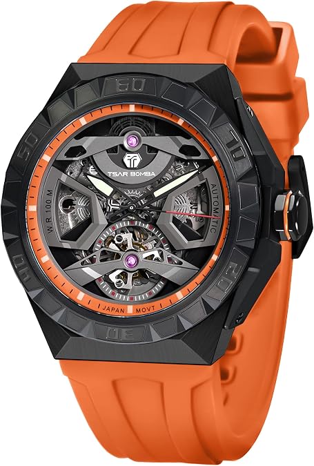 TSAR BOMBA Men's Automatic Watch - Japanese Movement - Sapphire Glass - 100m Waterproof - Luxury Fluororubber Strap -Gifts for Men