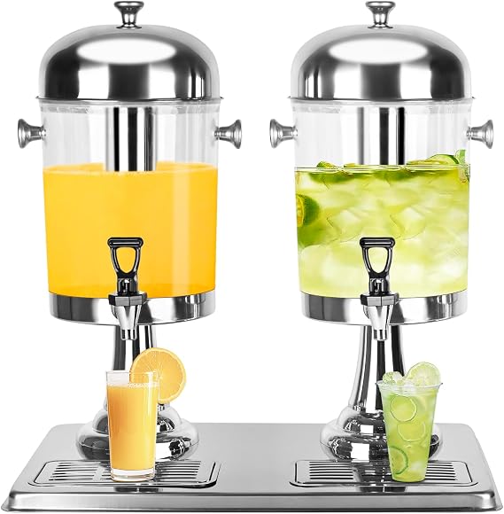Drink Dispenser with Stand, 4.2 Gallon Beverage Dispenser for Parties, Stainless Steel Dual-Head Juice Dispenser with Centre Ice Core and Drip Trays for Parties, Buffet Cafeterias, Homes