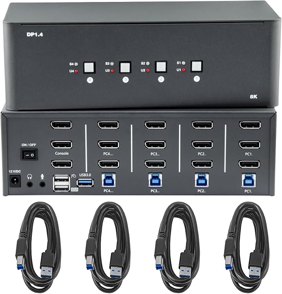 KVM Switch 3 Monitors 4 Computers, 8k Displayport Switch with USB 3.0 Cable, Jack, 4 Computers Share a Set of Keyboard, Mouse, Support Windows/Mac/Linux (Triple Monitor)