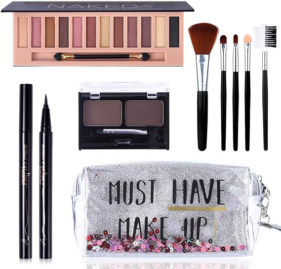 All in One Makeup Gift Set -12 Colors Eyeshadow Palette + Waterproof Black Eyeliner Pencil + Duo Pressed Eyebrow Powder Kit + 5 Brushes and Quicksand Silver Cosmetic Bag