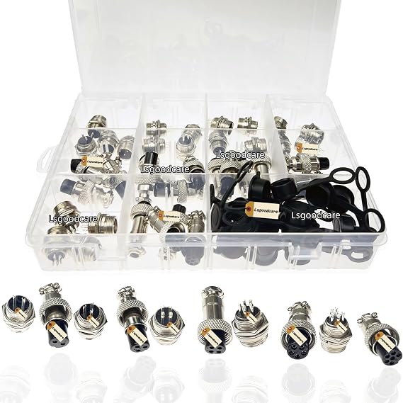 Lsgoodcare 60Pcs 2Pin 3Pin 4Pin 5Pin 6Pin 12mm GX12 Thread Male Female Panel Metal Aviation Wire Connector Plug Assortment Kit with Aviation Caps