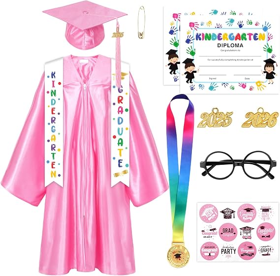 Kindergarten Graduation Cap and Gown 2025 Kids Preschool Graduation Shiny Cap Gown Set with Tassel Stole Certificate