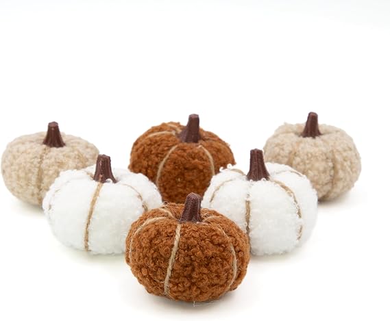 Benross 6 Soft Teddy Fabric Pumpkins in Autumnal Neutral Colours / 6cm Decorative Pumpkins for Cosy Autumn Home Décor 85069